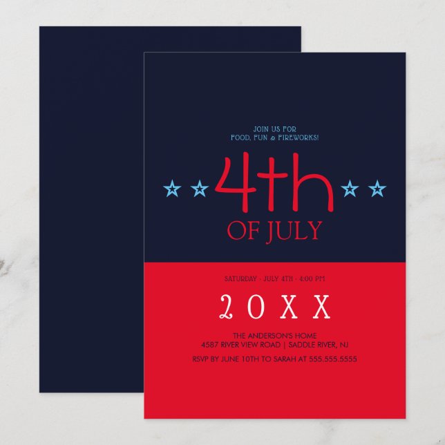 Invitation Marine moderne Blue Red Stars 4 juillet (Devant / Derrière)