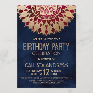 Invitation Marine moderne Bourgogne Or Floral Mandala Anniver