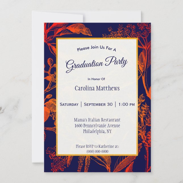 Invitation Marine moderne Orange Feuilles Floral Graduation (Devant)