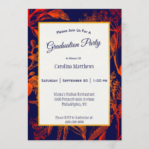Invitation Marine moderne Orange Feuilles Floral Graduation