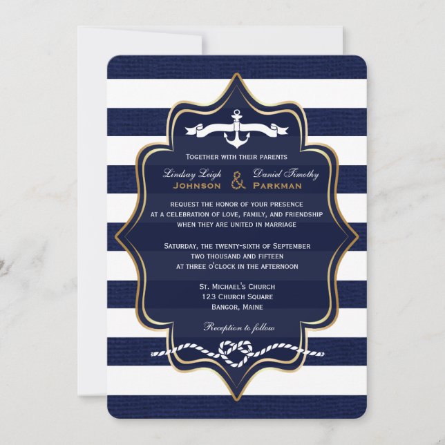 Invitation Marine Nautical, FUX Burlap Stripes Mariage 2 (Devant)