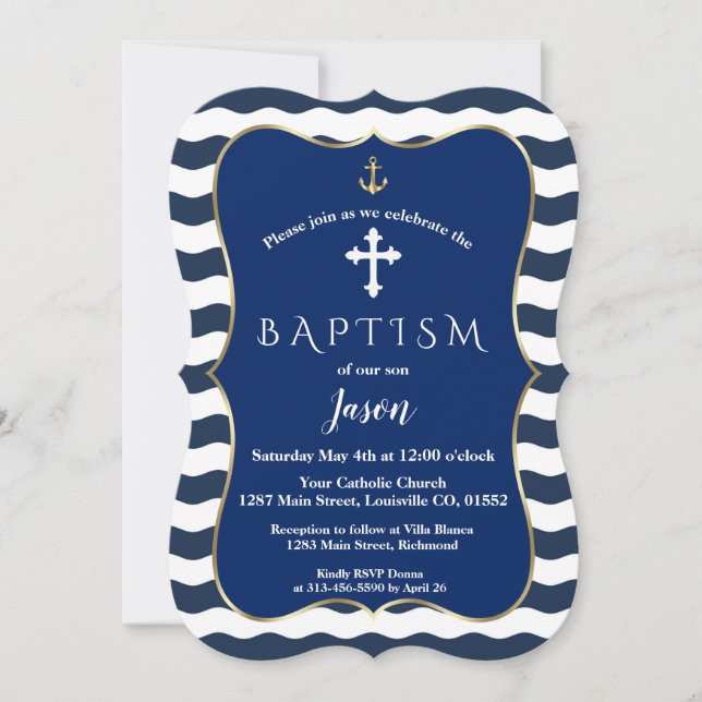 Invitation Marine nautique Vagues Ancre Gold Boy Baptême (Devant)