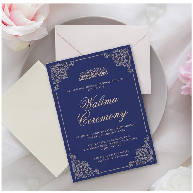 Invitation Marine Ornat Bleu Walima Mariage musulman islamiqu (Créateur téléchargé)