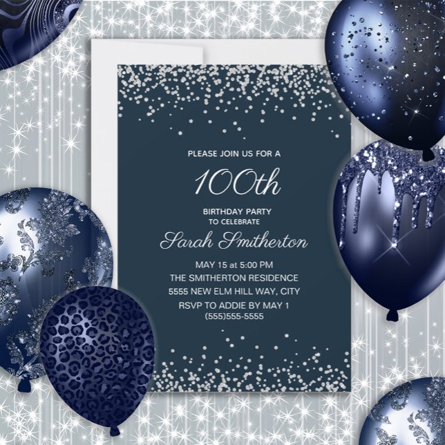 Invitation Marine Parties scintillant Diamant d'argent bleu 1 (Navy blue and silver glitter 100th birthday party invitation for women. Customize with your own text)