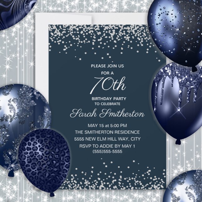 Invitation Marine Parties scintillant Diamant d'argent bleu 7 (Navy blue and silver glitter women's 70th birthday invitation)