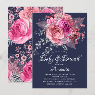 Invitation Marine Pink & Silver Floral Baby Brunch Douche