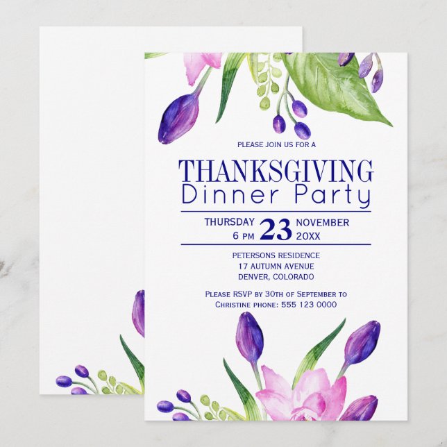Invitation Marine prune élégant floral fête de Thanksgiving d (Devant / Derrière)
