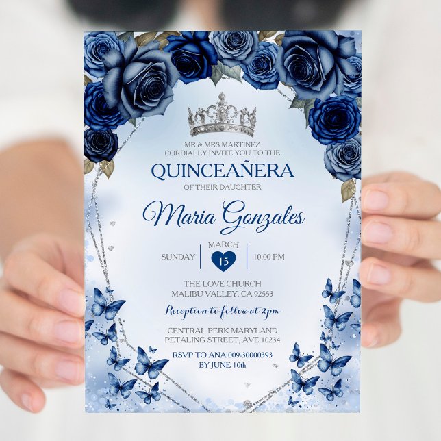 Invitation Marine Quinceañera Argent papillon de la Couronne  (Créateur téléchargé)