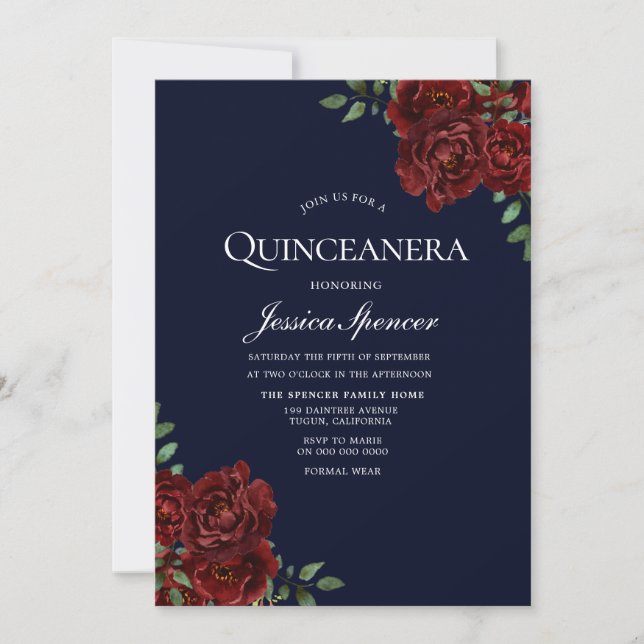 Invitation Marine romantique & Rose rouge Quinceanera Invitat (Devant)