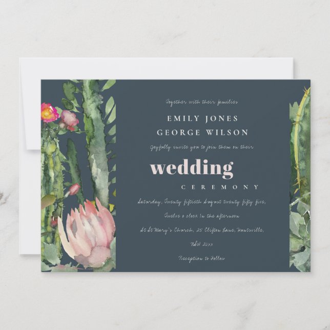 INVITATION MARINE ROSE DÉSERT FLORAL CACTI MARIAGE D'EAU (Devant)