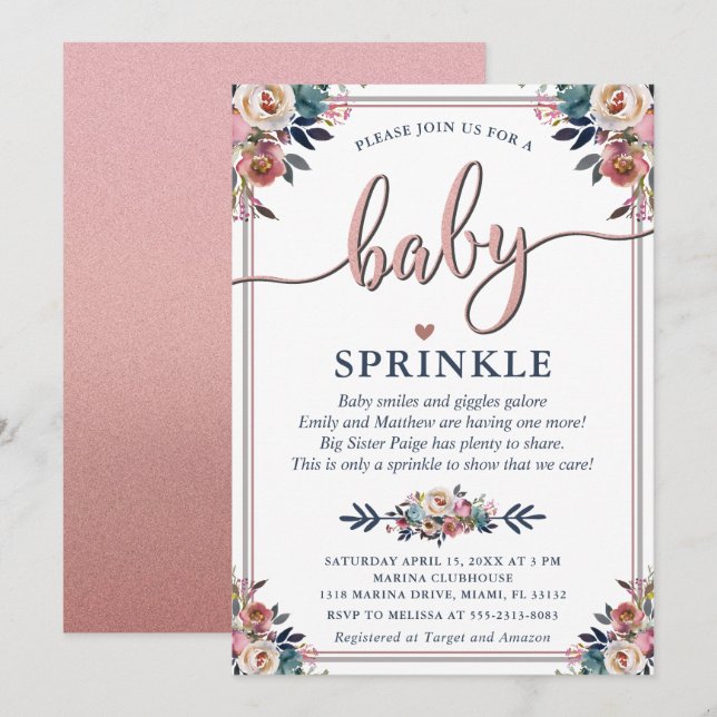 Invitation Marine Rose Floral Genre Neutre Baby Sprinkle Poèm (Devant / Derrière)