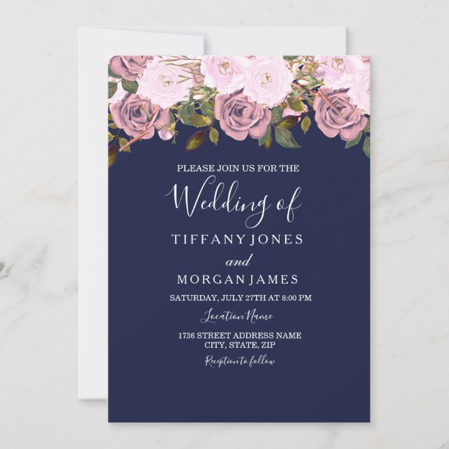 Invitation Marine Rose Rose Rose Rose Floral Mariage Invitati (Devant)