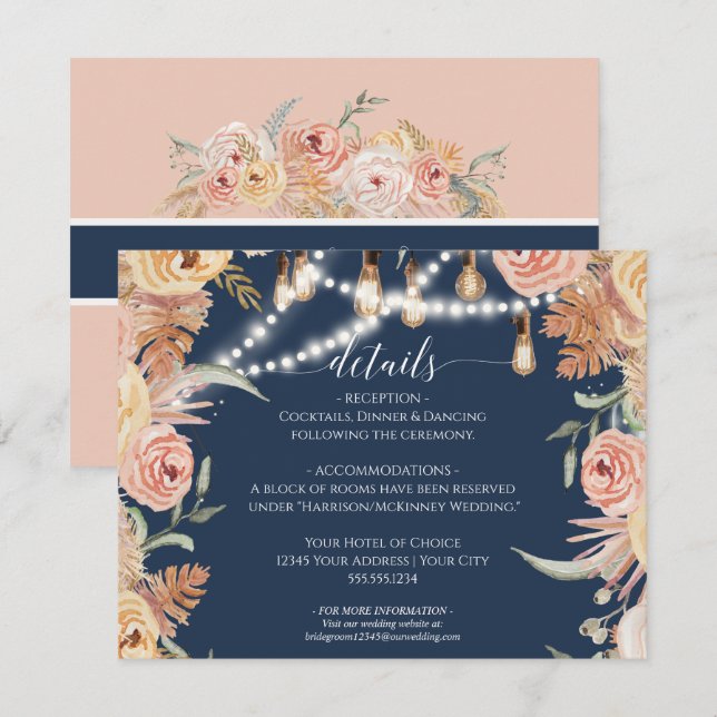 Invitation Marine Rose Roses Floral Edison Lumières Détails (Devant / Derrière)