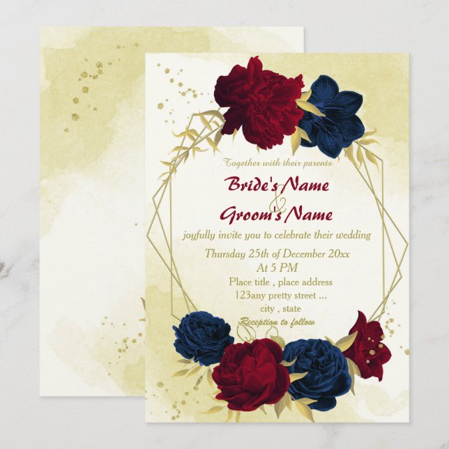 Invitation marine rouge fleurs or feuille mariage géométrique (Devant / Derrière)