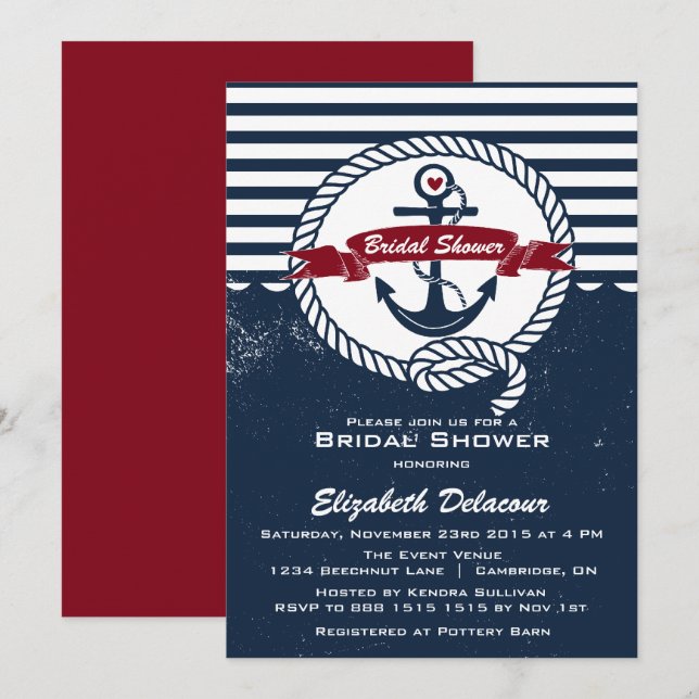 Invitation Marine Rouge Rustique Nautique Nautique Douche nup (Devant / Derrière)