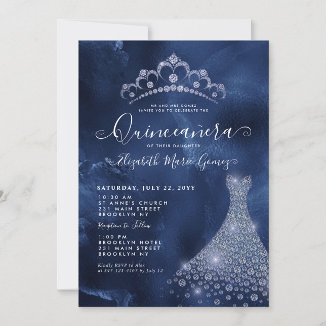 Invitation Marine Royal Blue Diamond Tiara Robe Quinceanera (Devant)