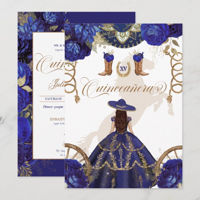 Invitation Marine Royal Blue Western Charro Quinceanera 2 côt (Devant / Derrière)
