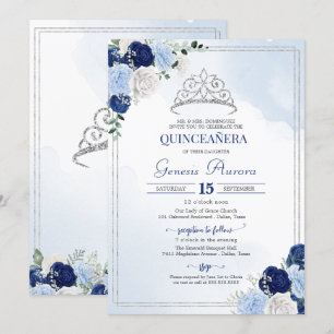 Invitation Marine Royal Light Bleu Argent Rose Flor Quinceañe