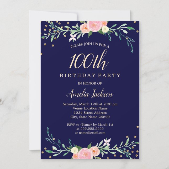 Invitation Marine Sweet Floral Sparkle Confetti 100e annivers (Devant)