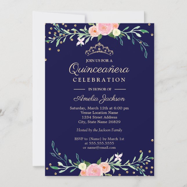 Invitation Marine Sweet Floral Sparkle Confetti Quinceanera (Devant)