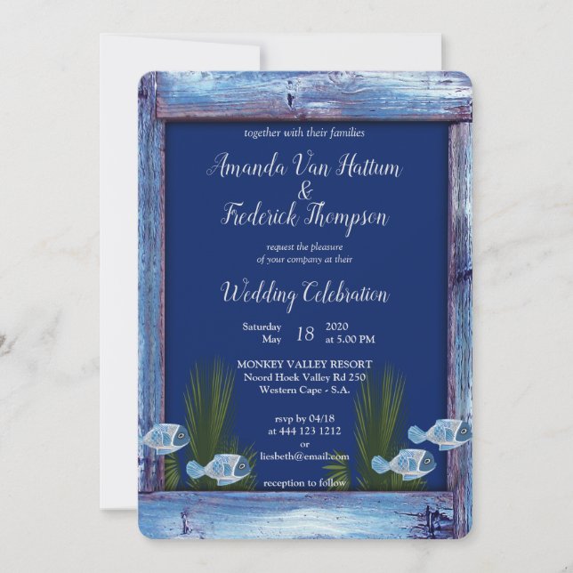 Invitation Marine Texture bleue Corail rose et poisson (Devant)