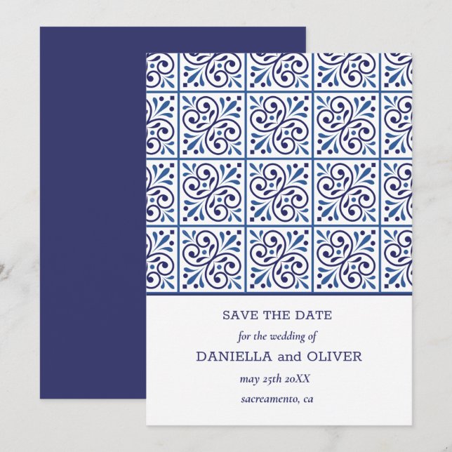 Invitation Marine Tile Méditerranée mariage enregistrer la da (Devant / Derrière)