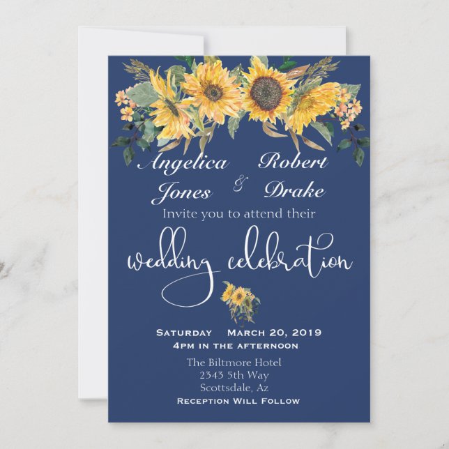 Invitation Marine Tournesol Jaune Moderne Mariage élégant (Devant)
