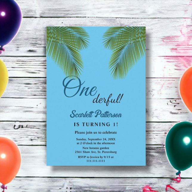 Invitation Marine Tropical Green Palm Plage Feuille 1er anniv (Créateur téléchargé)