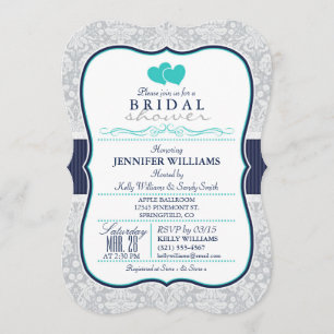 Invitation Marine, Turquoise, Gris Damask Fête des mariées