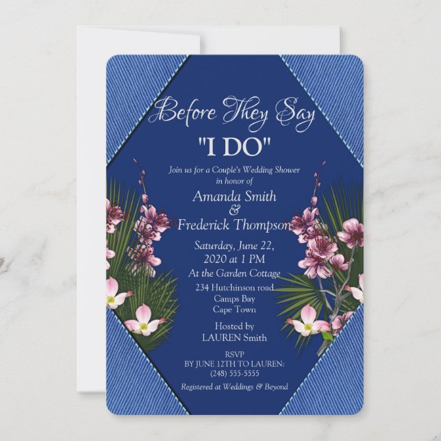 Invitation Marine - Wedding shower de fleurs bleu et rose (Devant)