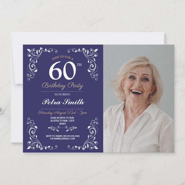 Invitation Marine White Birthday Womens Classy 60th Photo (Devant)