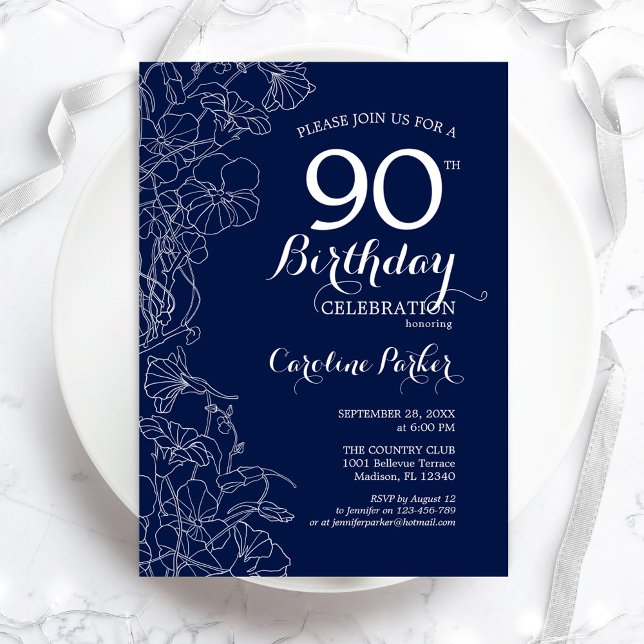 Invitation Marine White Floral 90e anniversaire (Créateur téléchargé)