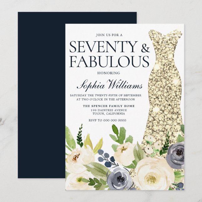 Invitation Marine & White Floral Gold Robe 70e fête d'anniver (Devant / Derrière)