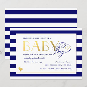 Invitation Marine & White Stripe Faux Gold Boy Baby shower