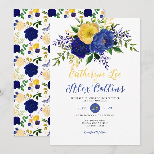 Invitation Marine & Yellowish Gold Floral Bouquet Mariage Inv (Devant / Derrière)