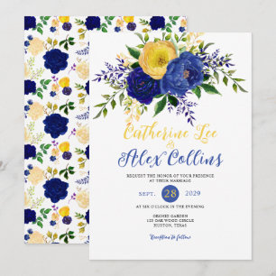 Invitation Marine & Yellowish Gold Floral Bouquet Mariage Inv