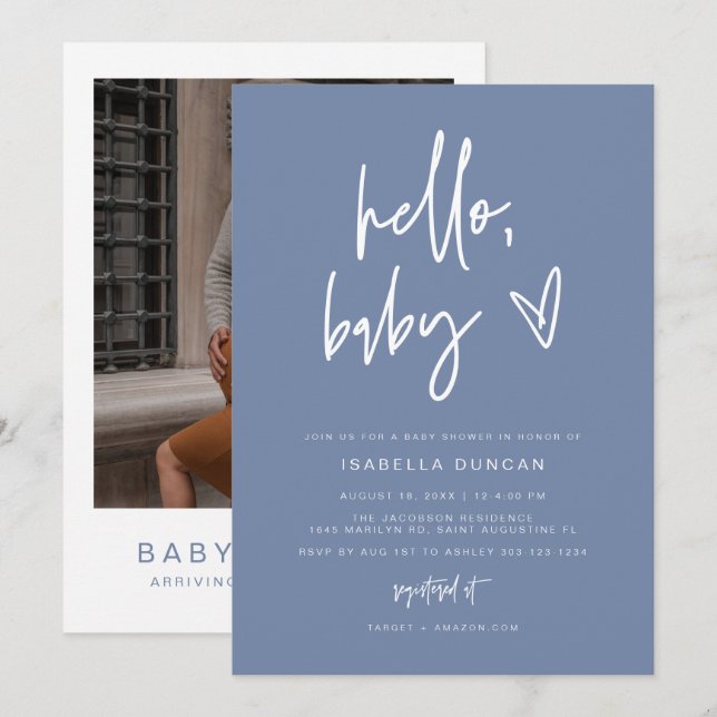 Invitation MARLO Moderne Boho Dusty Baby shower bleu (Devant / Derrière)