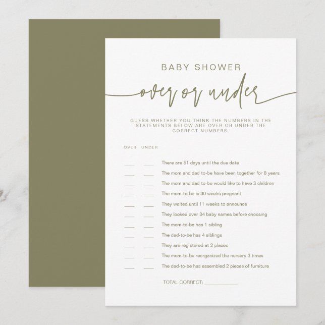 Invitation MARLO Olive Green Over Under Baby shower Game (Devant / Derrière)