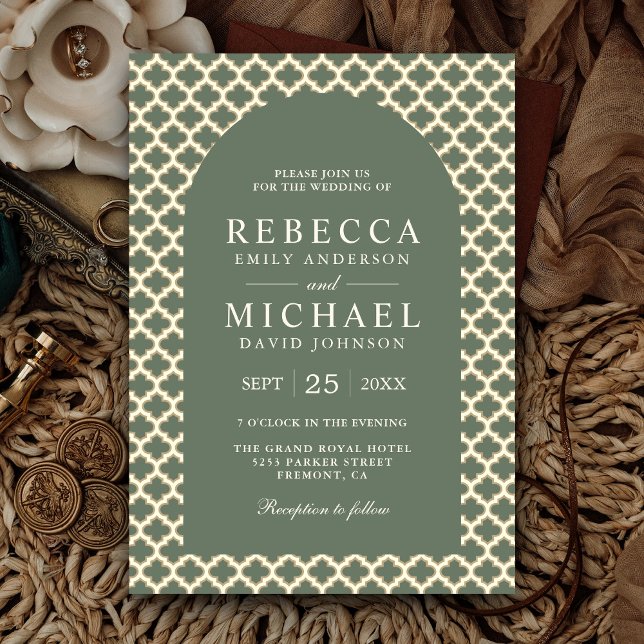 Invitation Marocain Quatrefoil Boho Sage Green Arche Mariage (Créateur téléchargé)