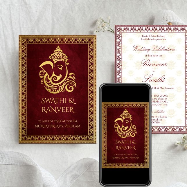 Invitation Maron de Ganesha et mariage indien d'or (Ganesha maroon and gold elegant traditional Indian wedding Invitation cards with RSVP template)