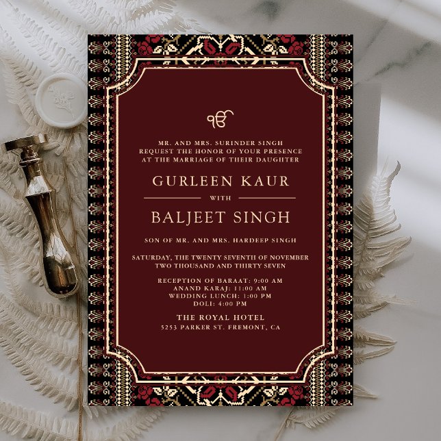 Invitation Maron noir rouge Ikat Anand Karaj Sikh Mariage (Créateur téléchargé)
