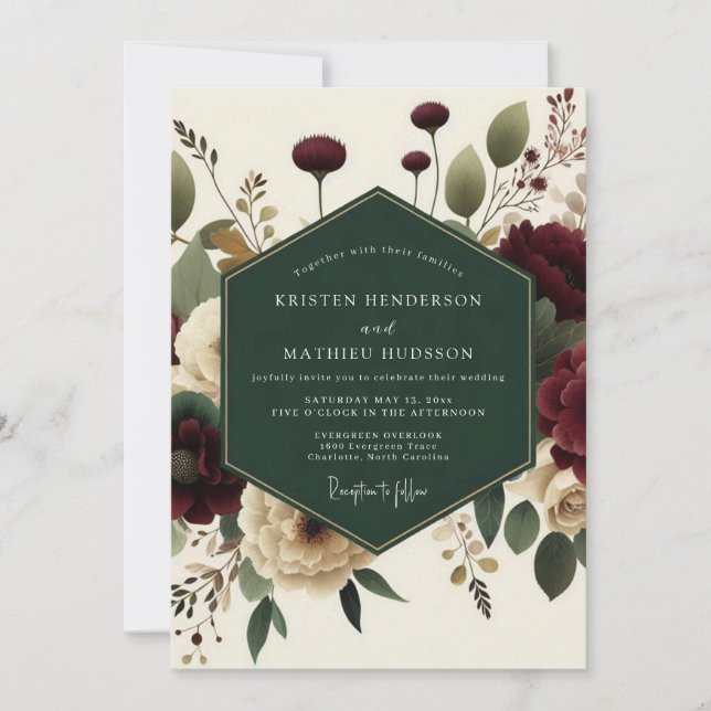 Invitation Maroon Bloom Romantic Elegance Wedding (Devant)