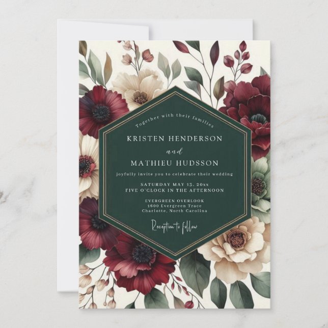 Invitation Maroon Bloom Romantic Wedding (Devant)