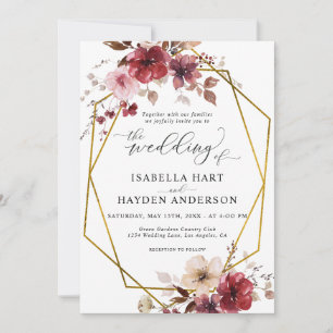 Invitation Maroon Blush Beige Floral Vieux Mariage Or