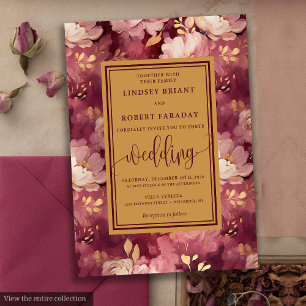 Invitation Maroon Blush Gold Floral Mariage intemporel