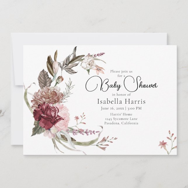 Invitation Maroon bohème et Baby shower floral rose Invit (Devant)