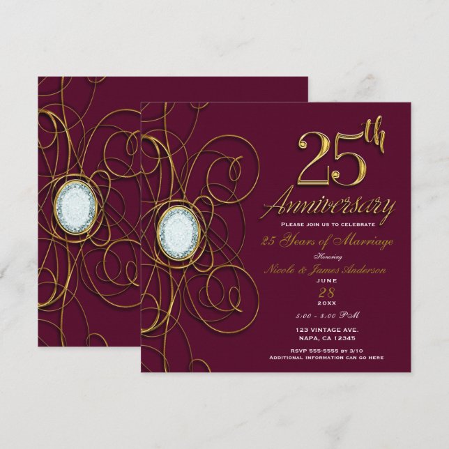 Invitation Maroon Bourgogne et diamant d'or 25 25e anniversai (Devant / Derrière)
