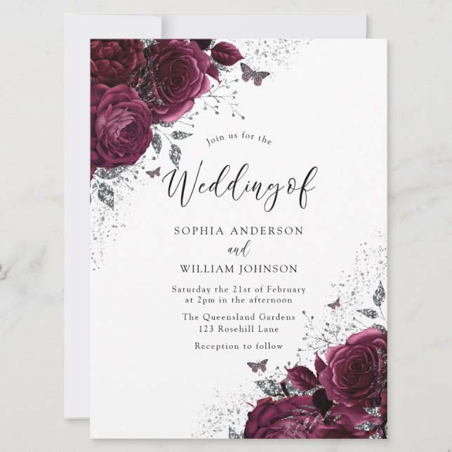Invitation Maroon Bourgogne Rose Argent Élégant Grand Mariage (Devant)