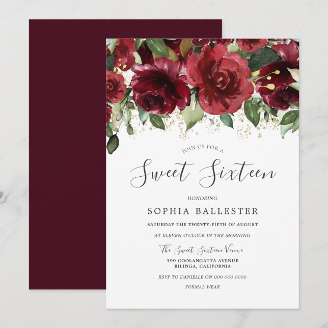 Invitation Maroon Bourgogne Rouge Aquarelle Fleurs Douces 16 (Devant / Derrière)