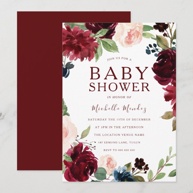 Invitation Maroon Bourgogne Rouge Beau Baby shower (Devant / Derrière)
